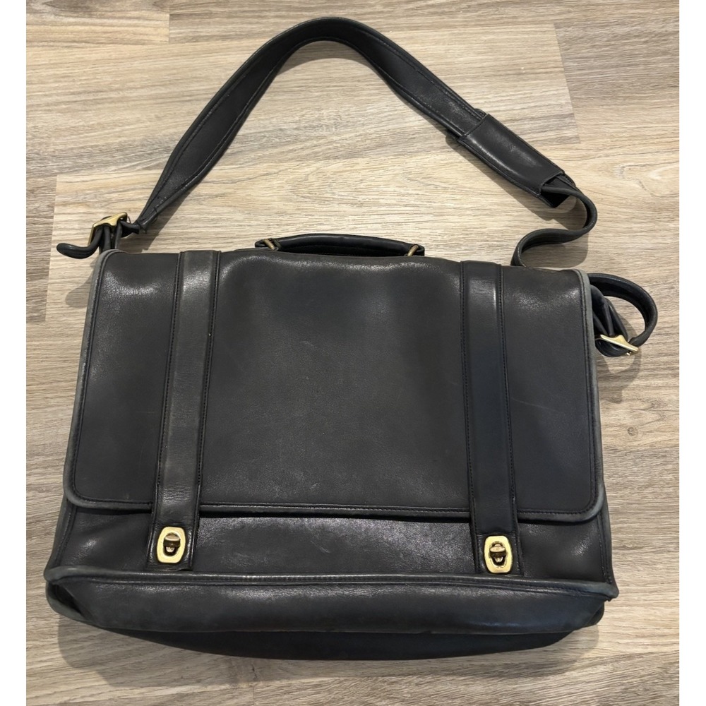 Coach LARGE 5274 Vintage Essex Black Leather Briefcase Turn Lock Laptop
